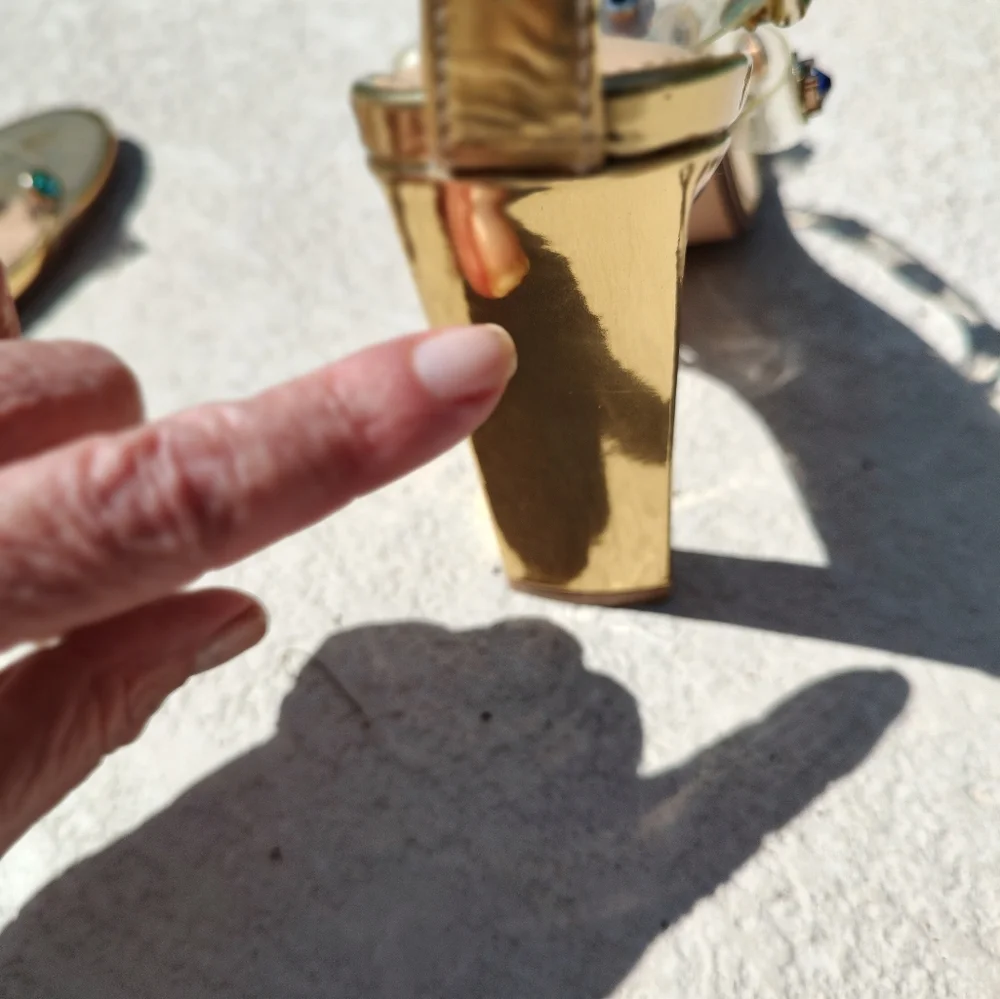 Dainty Minimal Gold Heels With Colorful Stones On Straps - Picture 9 of 14